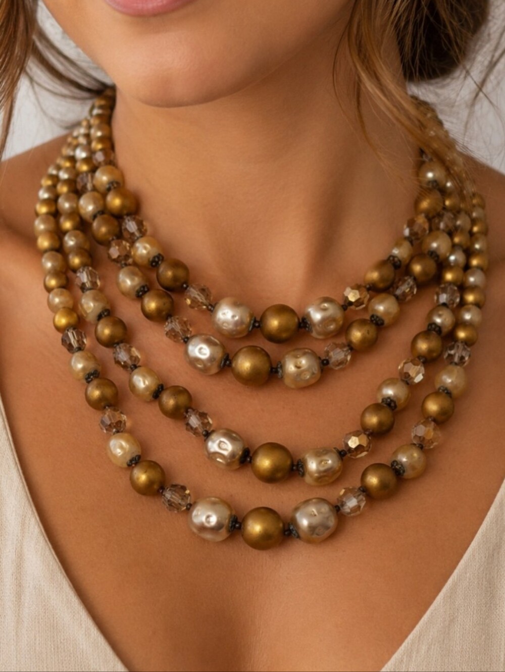 Gold Multi-Strand Pearl and Bead Necklace